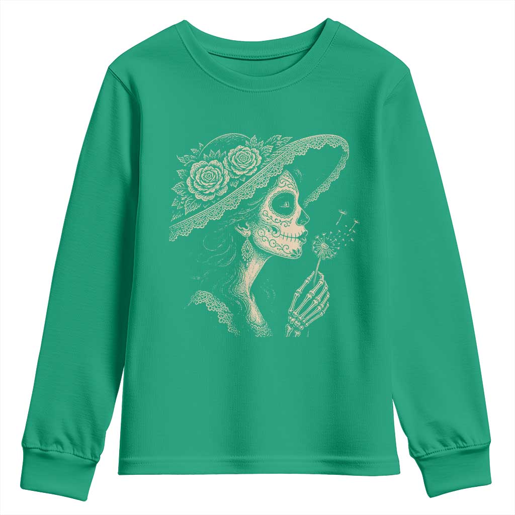 Vintage Dia de los Muertos Catrina Portrait Graphic Youth Sweatshirt Gothic Sugar Skull Woman Blowing Dandelion