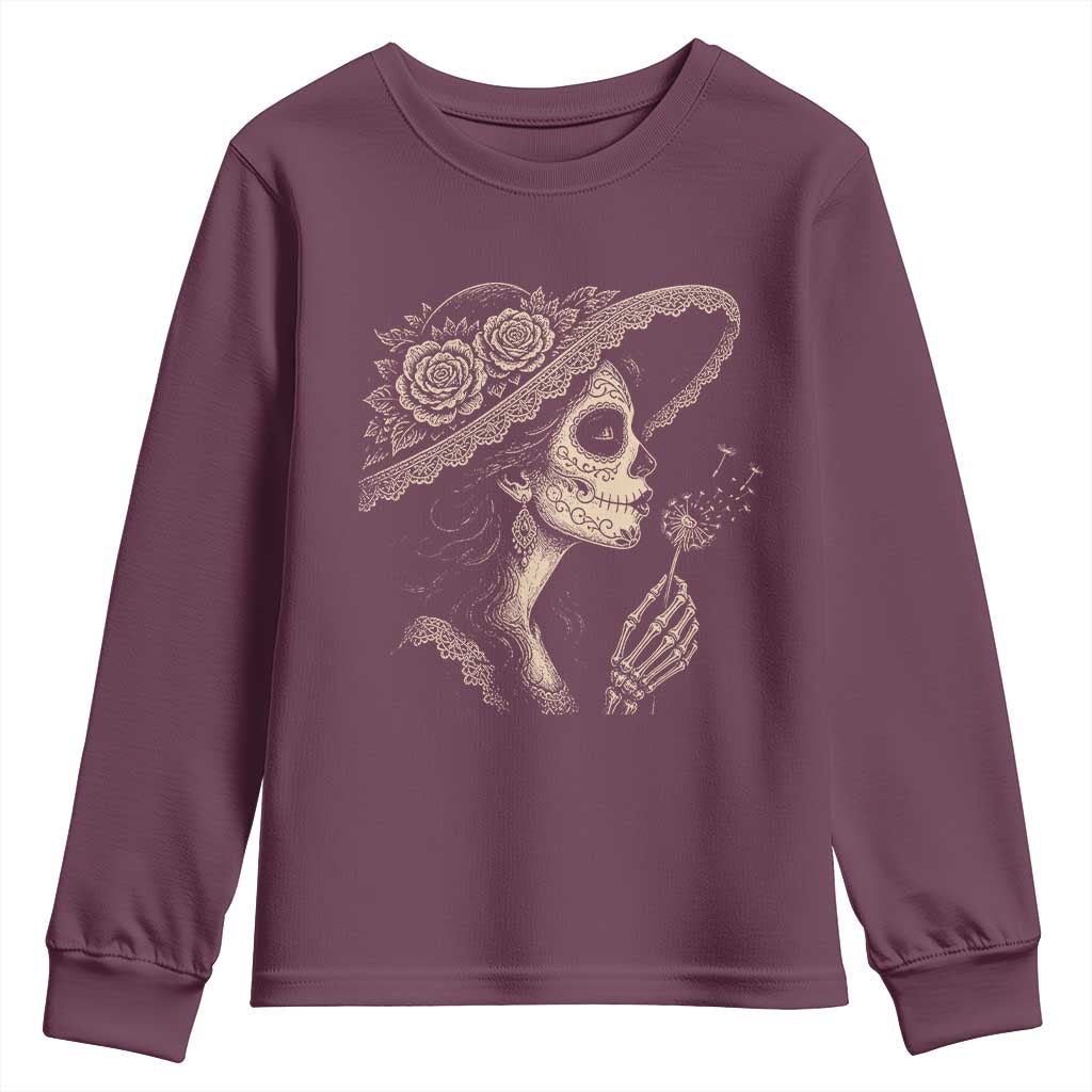 Vintage Dia de los Muertos Catrina Portrait Graphic Youth Sweatshirt Gothic Sugar Skull Woman Blowing Dandelion