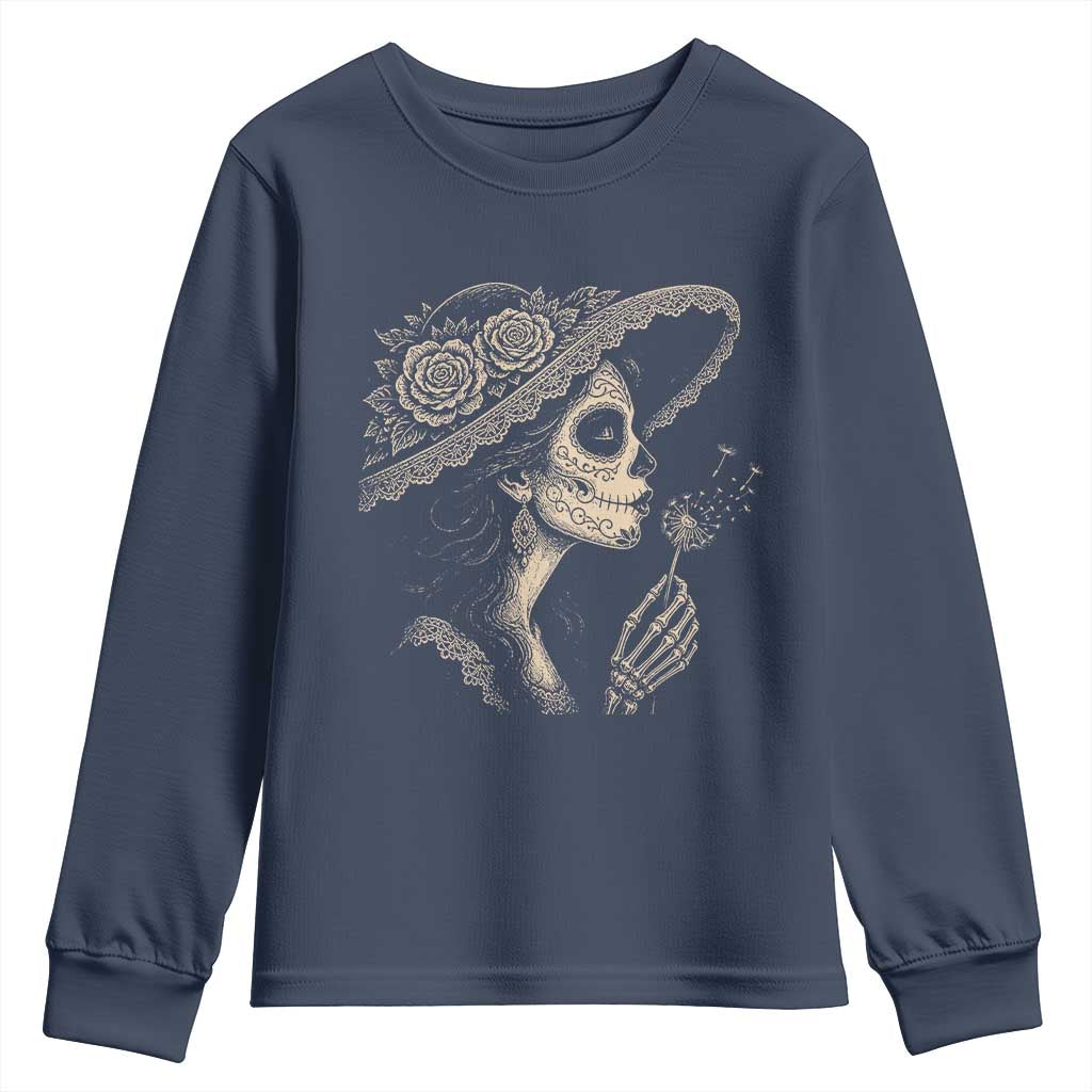 Vintage Dia de los Muertos Catrina Portrait Graphic Youth Sweatshirt Gothic Sugar Skull Woman Blowing Dandelion