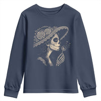 Vintage Dia de los Muertos Catrina Portrait Graphic Youth Sweatshirt Gothic Sugar Skull Woman Blowing Dandelion