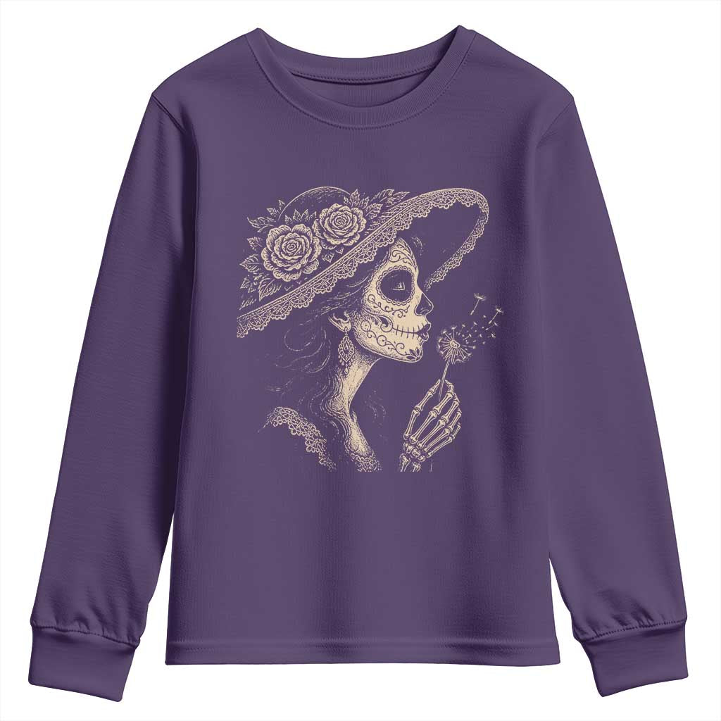 Vintage Dia de los Muertos Catrina Portrait Graphic Youth Sweatshirt Gothic Sugar Skull Woman Blowing Dandelion
