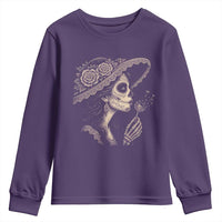 Vintage Dia de los Muertos Catrina Portrait Graphic Youth Sweatshirt Gothic Sugar Skull Woman Blowing Dandelion