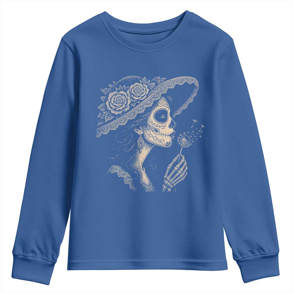 Vintage Dia de los Muertos Catrina Portrait Graphic Youth Sweatshirt Gothic Sugar Skull Woman Blowing Dandelion