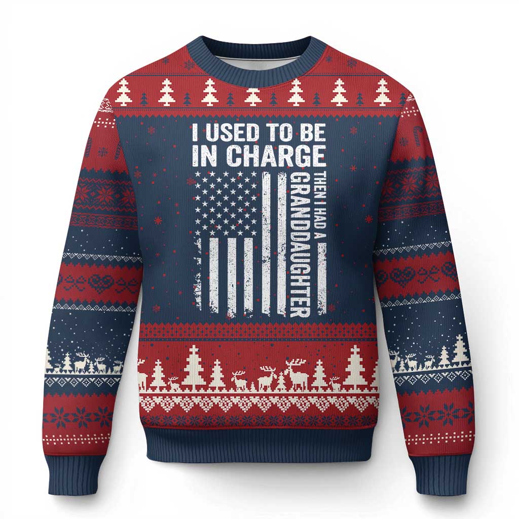Patriotic American Flag Grandfather Pride Ugly Christmas Sweater I Used To Be In Charge Granddaughter Funny Grandpas Girls Distressed USA Style