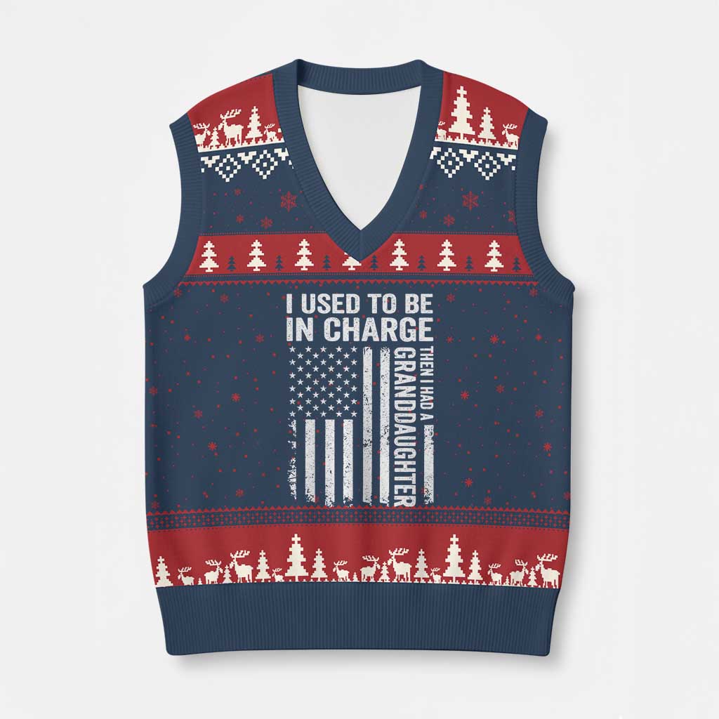Patriotic American Flag Grandfather Pride V-Neck Knit Sweater Vest I Used To Be In Charge Granddaughter Funny Grandpas Girls Distressed USA Style