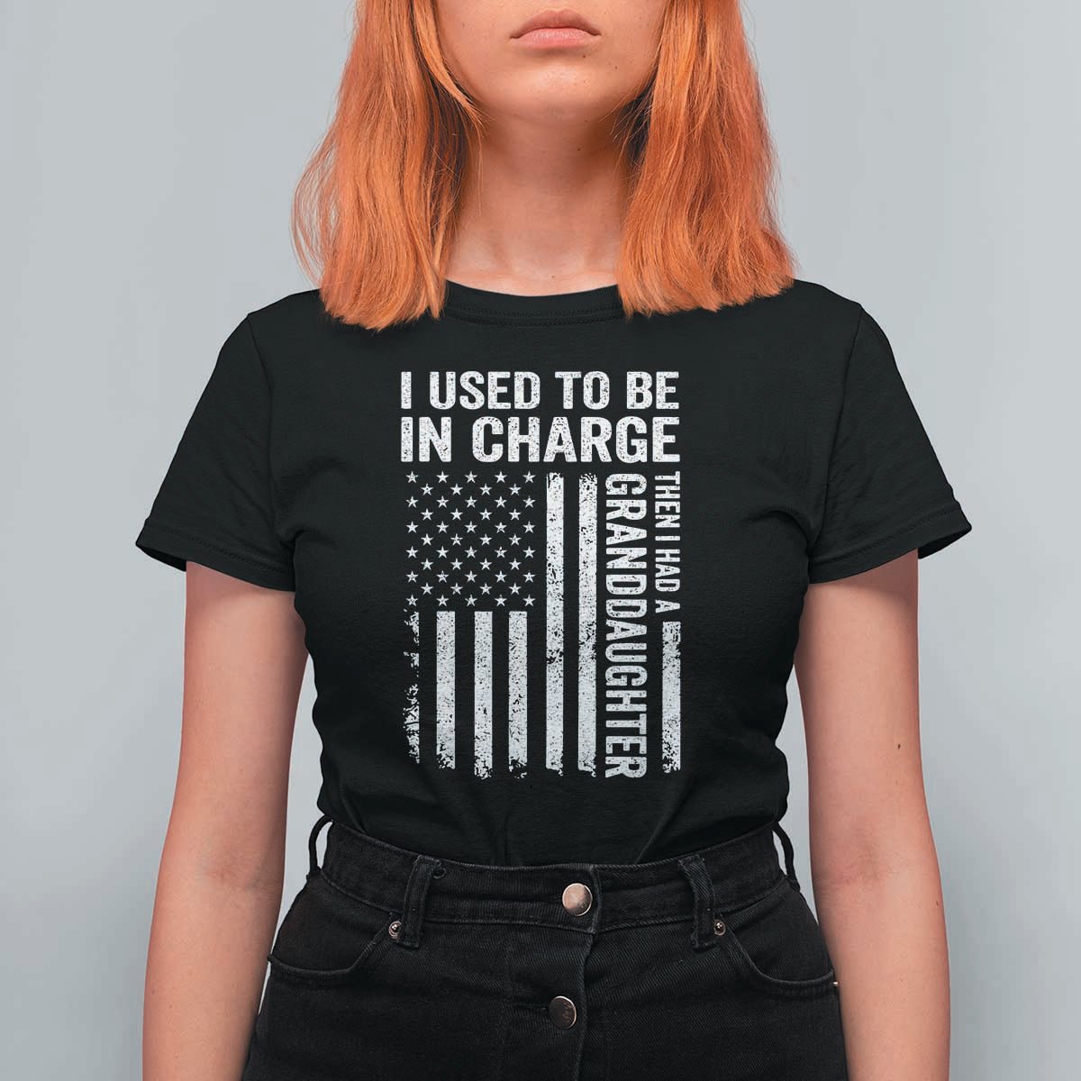 Patriotic American Flag Grandfather Pride T Shirt For Women I Used To Be In Charge Granddaughter Funny Grandpas Girls Distressed USA Style