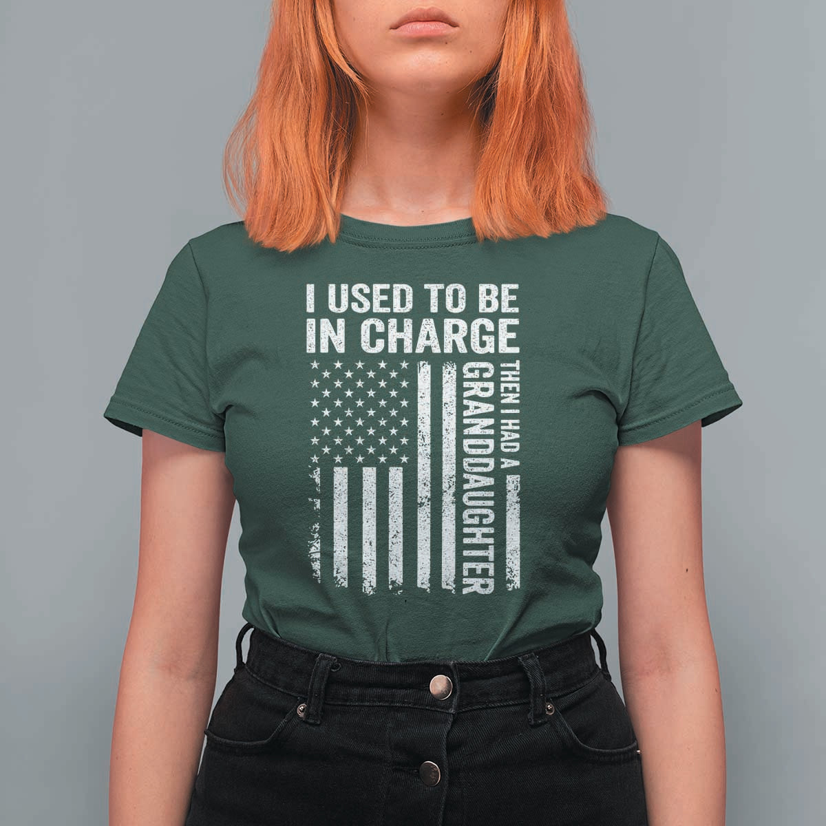 Patriotic American Flag Grandfather Pride T Shirt For Women I Used To Be In Charge Granddaughter Funny Grandpas Girls Distressed USA Style