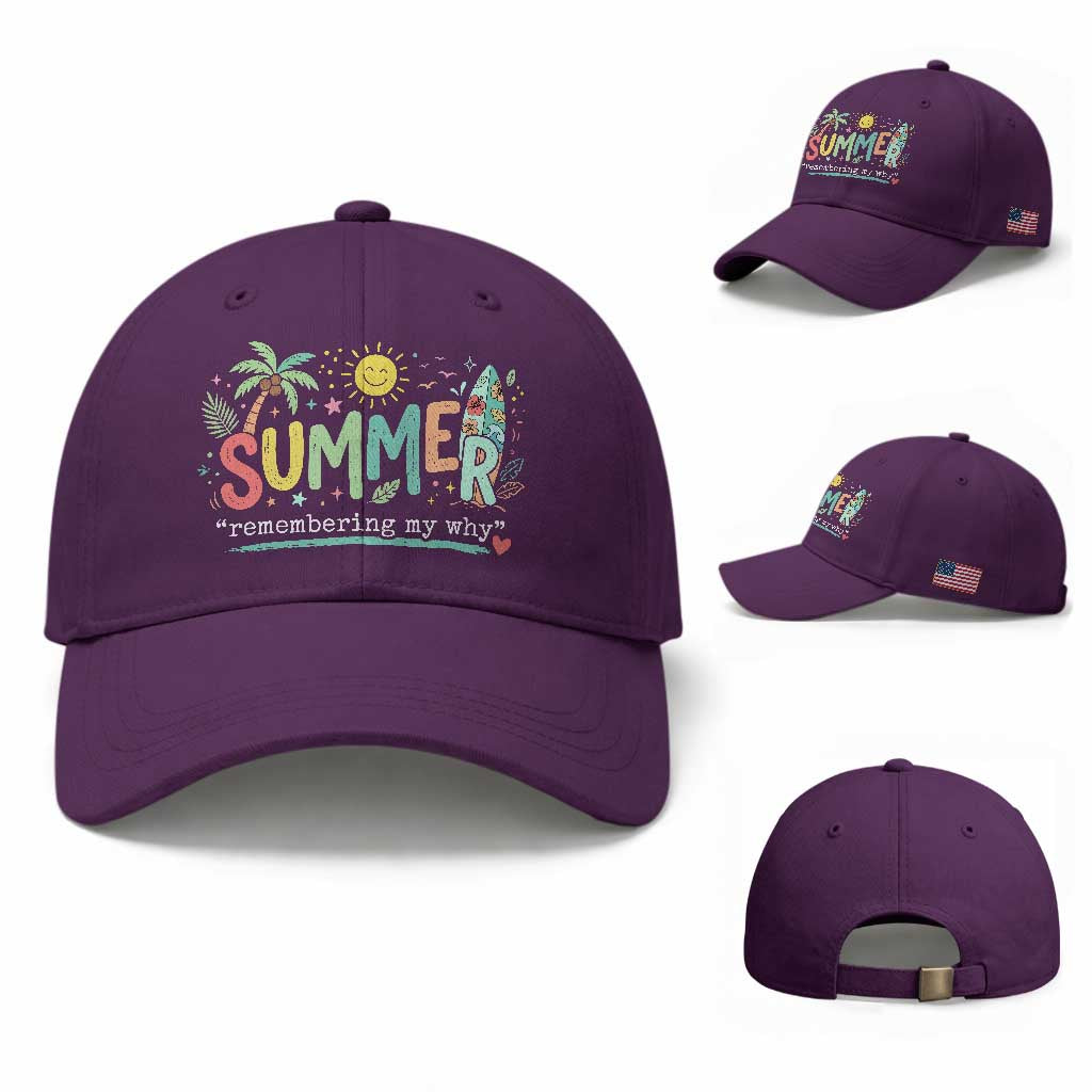 Summer Remembering My Why Baseball Cap Cute Tropical Beach Palm Tree Surfboard Teacher Graphic