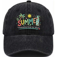 Summer Remembering My Why Washed Cotton Baseball Cap Cute Tropical Beach Palm Tree Surfboard Teacher Graphic