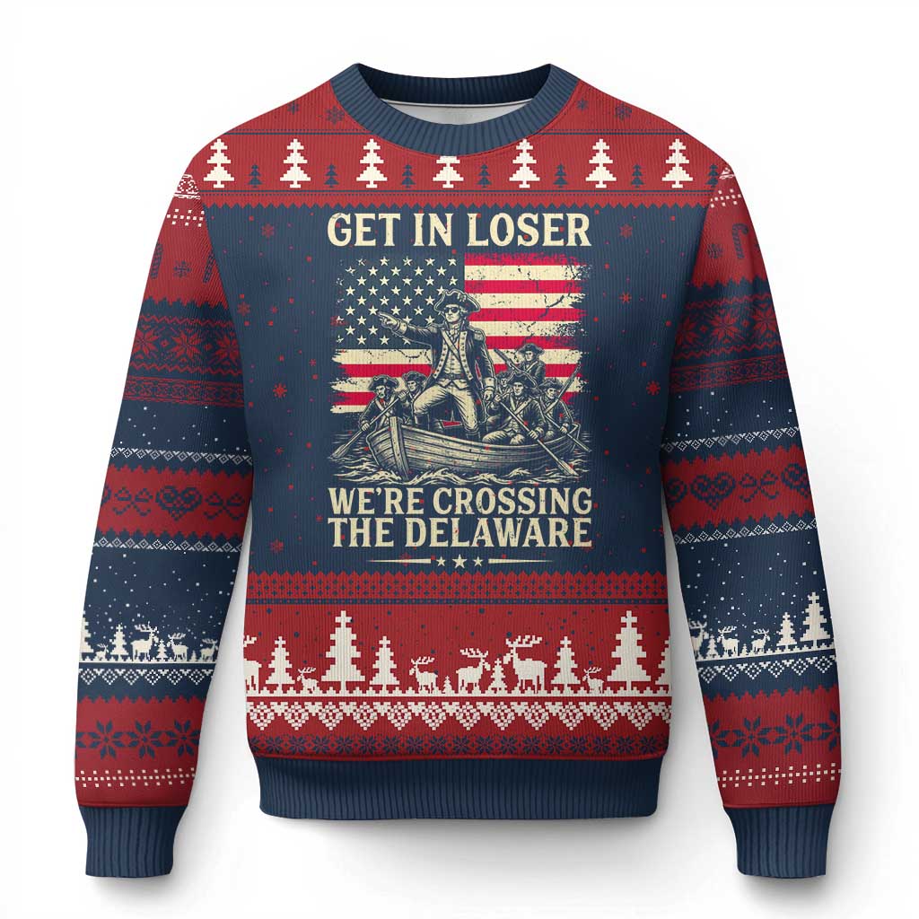 Get In Loser We're Crossing The Delaware Vintage Ugly Christmas Sweater Funny George Washington American Flag Patriotic Fireworks