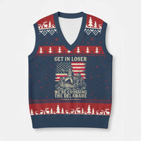 Get In Loser We're Crossing The Delaware Vintage V-Neck Knit Sweater Vest Funny George Washington American Flag Patriotic Fireworks