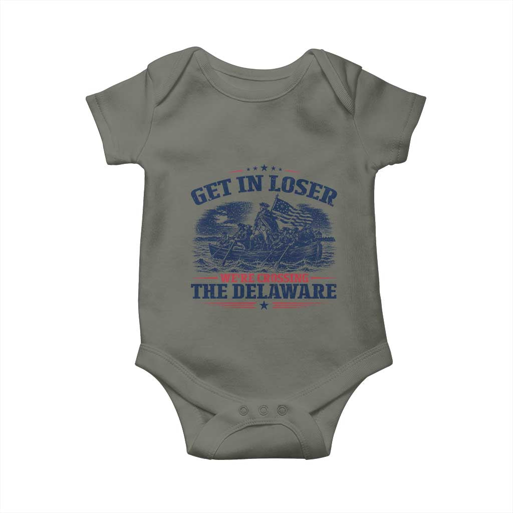 Get In Loser We're Crossing The Delaware Retro Baby Onesie Distressed George Washington Boat Scene Patriotic American Revolution Humor