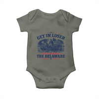 Get In Loser We're Crossing The Delaware Retro Baby Onesie Distressed George Washington Boat Scene Patriotic American Revolution Humor