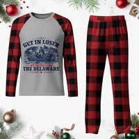 Get In Loser We're Crossing The Delaware Retro Plaid Pajama Set Distressed George Washington Boat Scene Patriotic American Revolution Humor