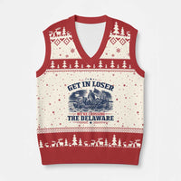 Get In Loser We're Crossing The Delaware Retro V-Neck Knit Sweater Vest Distressed George Washington Boat Scene Patriotic American Revolution Humor