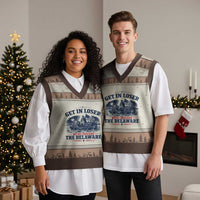 Get In Loser We're Crossing The Delaware Retro V-Neck Knit Sweater Vest Distressed George Washington Boat Scene Patriotic American Revolution Humor