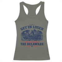 Get In Loser We're Crossing The Delaware Retro Racerback Tank Top Distressed George Washington Boat Scene Patriotic American Revolution Humor
