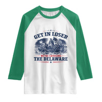 Get In Loser We're Crossing The Delaware Retro Raglan Shirt Distressed George Washington Boat Scene Patriotic American Revolution Humor