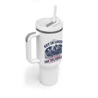 Get In Loser We're Crossing The Delaware Retro Tumbler With Handle Distressed George Washington Boat Scene Patriotic American Revolution Humor