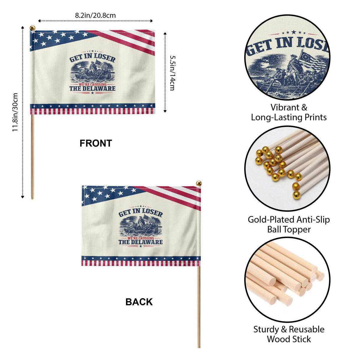 Get In Loser We're Crossing The Delaware Retro Patriotic Handheld Flag Distressed George Washington Boat Scene American Revolution Humor