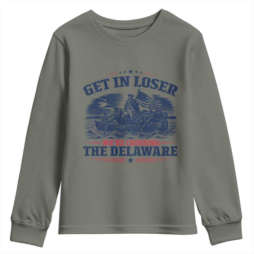 Get In Loser We're Crossing The Delaware Retro Youth Sweatshirt Distressed George Washington Boat Scene Patriotic American Revolution Humor