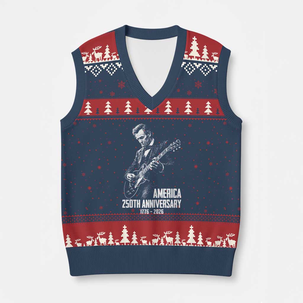 America 250th Anniversary Abraham Lincoln Rock Star V-Neck Knit Sweater Vest Funny Electric Guitar Player 1776 to 2026 Semiquincentennial