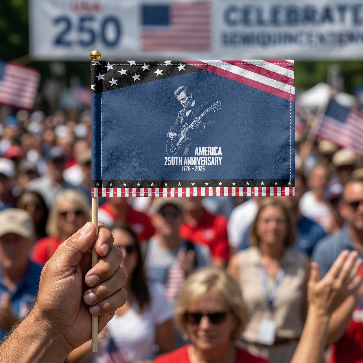 America 250th Anniversary Abraham Lincoln Rock Star Patriotic Handheld Flag Funny Electric Guitar Player 1776 to 2026 Semiquincentennial
