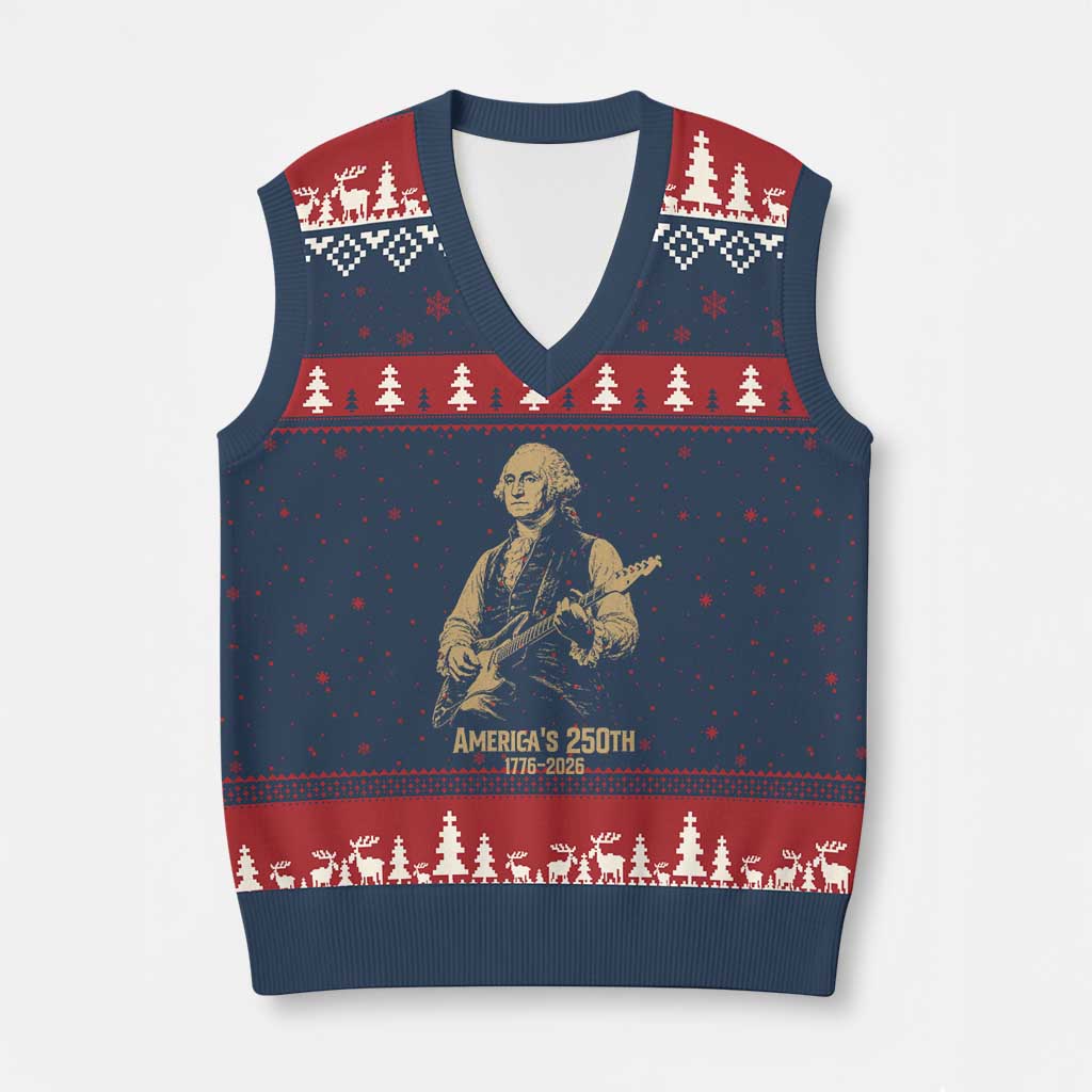 America's 250th George Washington Rock Star V-Neck Knit Sweater Vest Funny Electric Guitar Player Vintage 1776 to 2026 Semiquincentennial