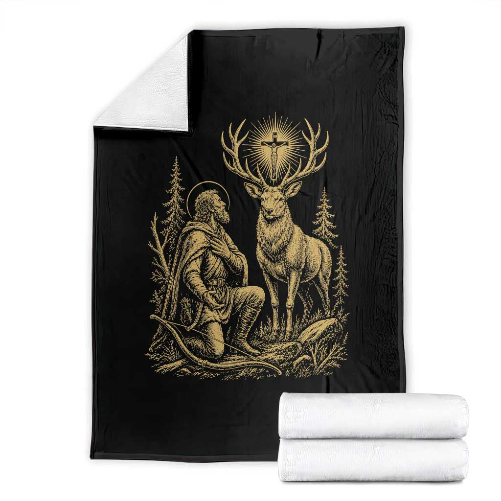 Saint Hubert Patron Saint of Hunters Vintage Woodcut Throw Blanket Catholic Faith and Hunting Heritage Gift