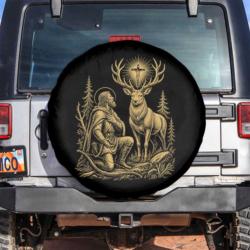 Saint Hubert Patron Saint of Hunters Vintage Woodcut Spare Tire Cover Catholic Faith and Hunting Heritage Gift