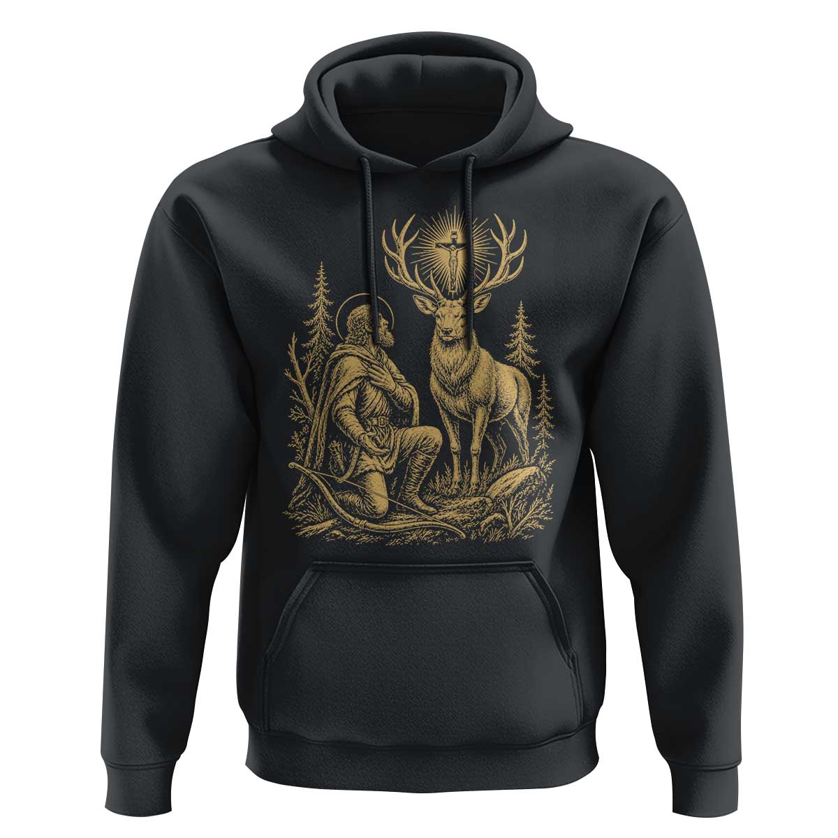 Saint Hubert Patron Saint of Hunters Vintage Woodcut Hoodie Catholic Faith and Hunting Heritage Gift