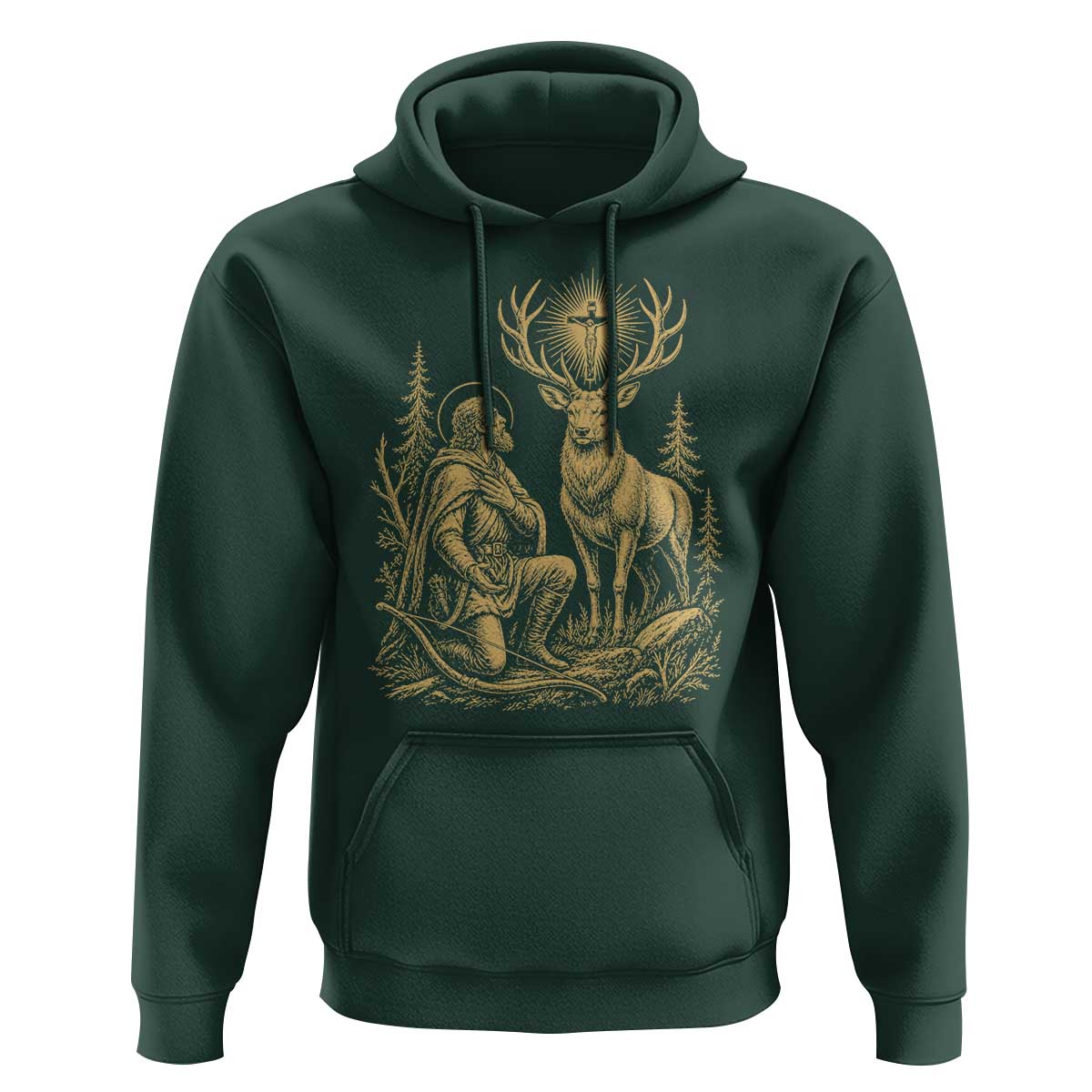 Saint Hubert Patron Saint of Hunters Vintage Woodcut Hoodie Catholic Faith and Hunting Heritage Gift
