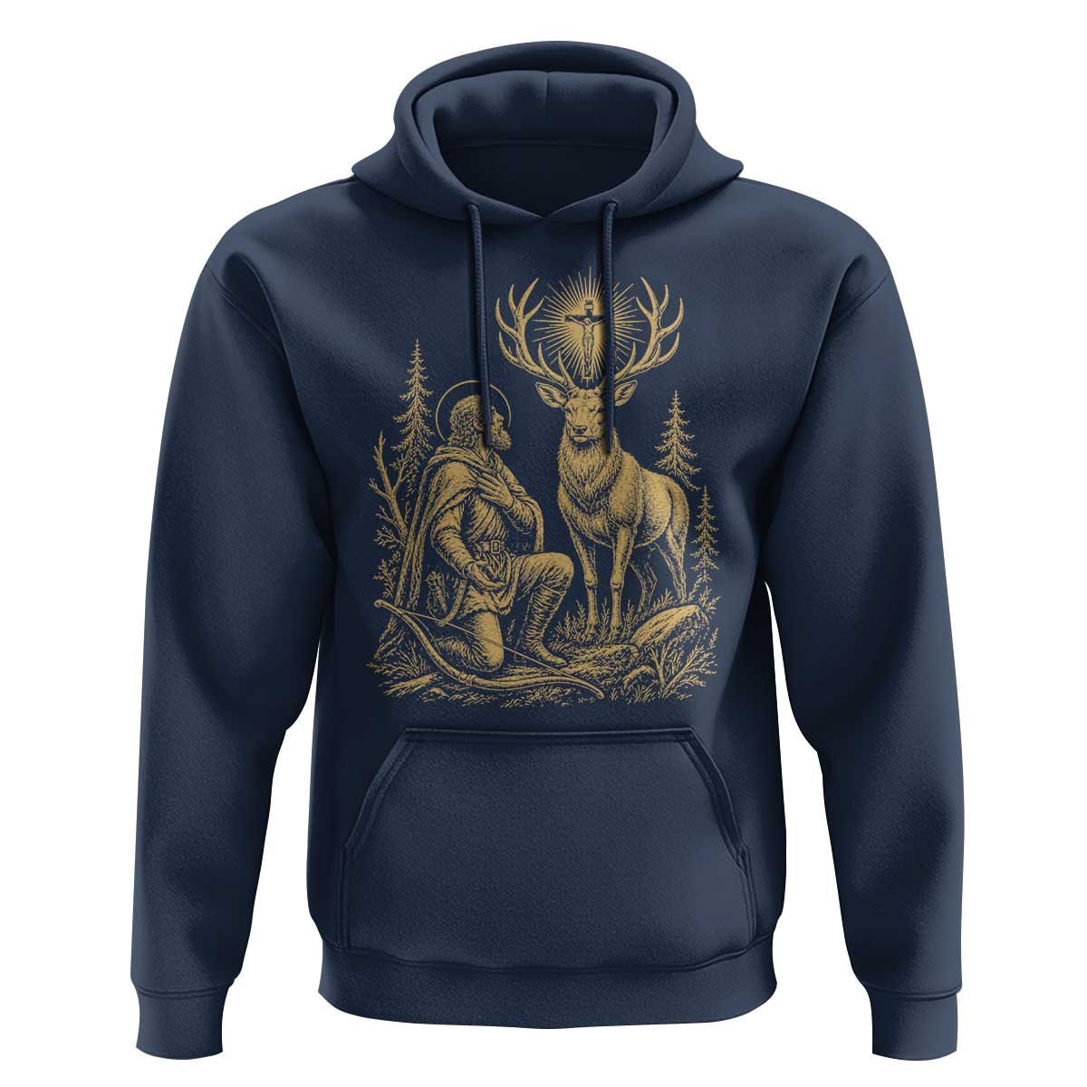 Saint Hubert Patron Saint of Hunters Vintage Woodcut Hoodie Catholic Faith and Hunting Heritage Gift