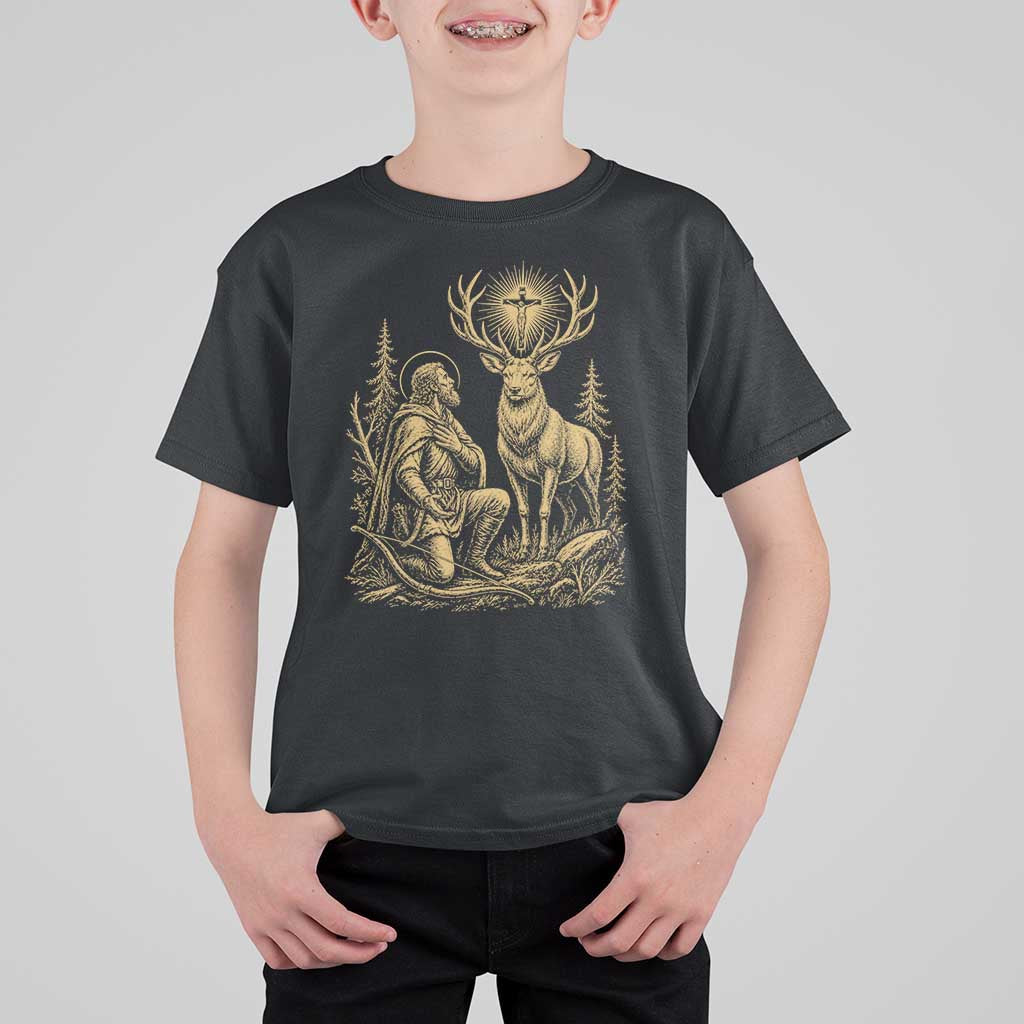 Saint Hubert Patron Saint of Hunters Vintage Woodcut T Shirt For Kid Catholic Faith and Hunting Heritage Gift