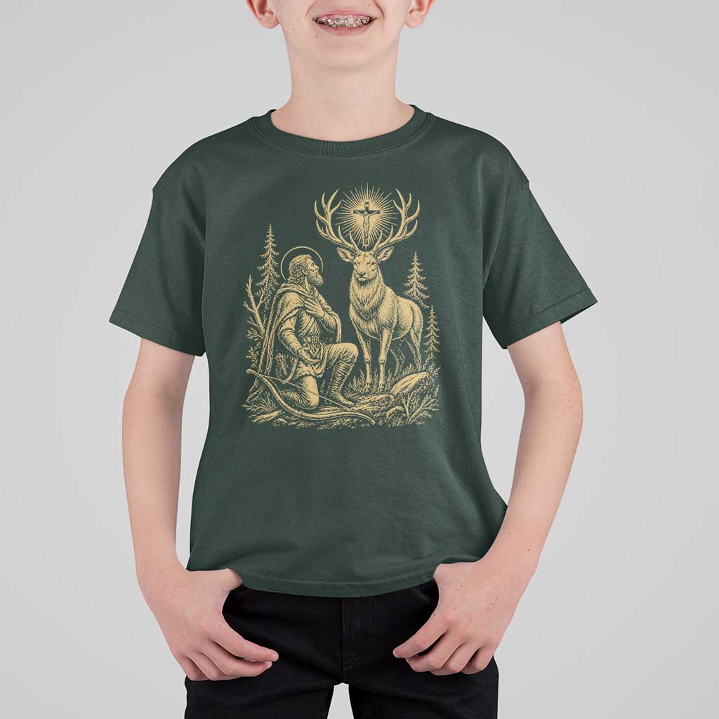 Saint Hubert Patron Saint of Hunters Vintage Woodcut T Shirt For Kid Catholic Faith and Hunting Heritage Gift