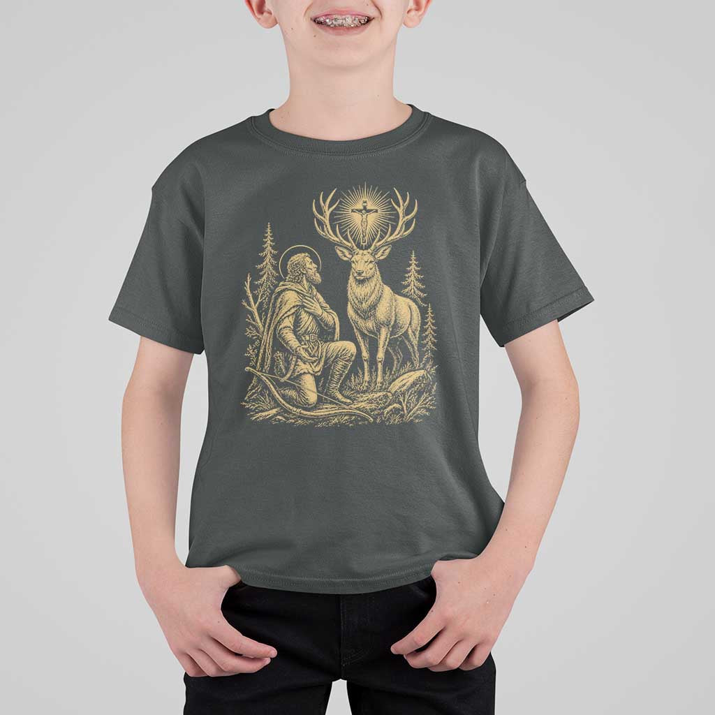 Saint Hubert Patron Saint of Hunters Vintage Woodcut T Shirt For Kid Catholic Faith and Hunting Heritage Gift