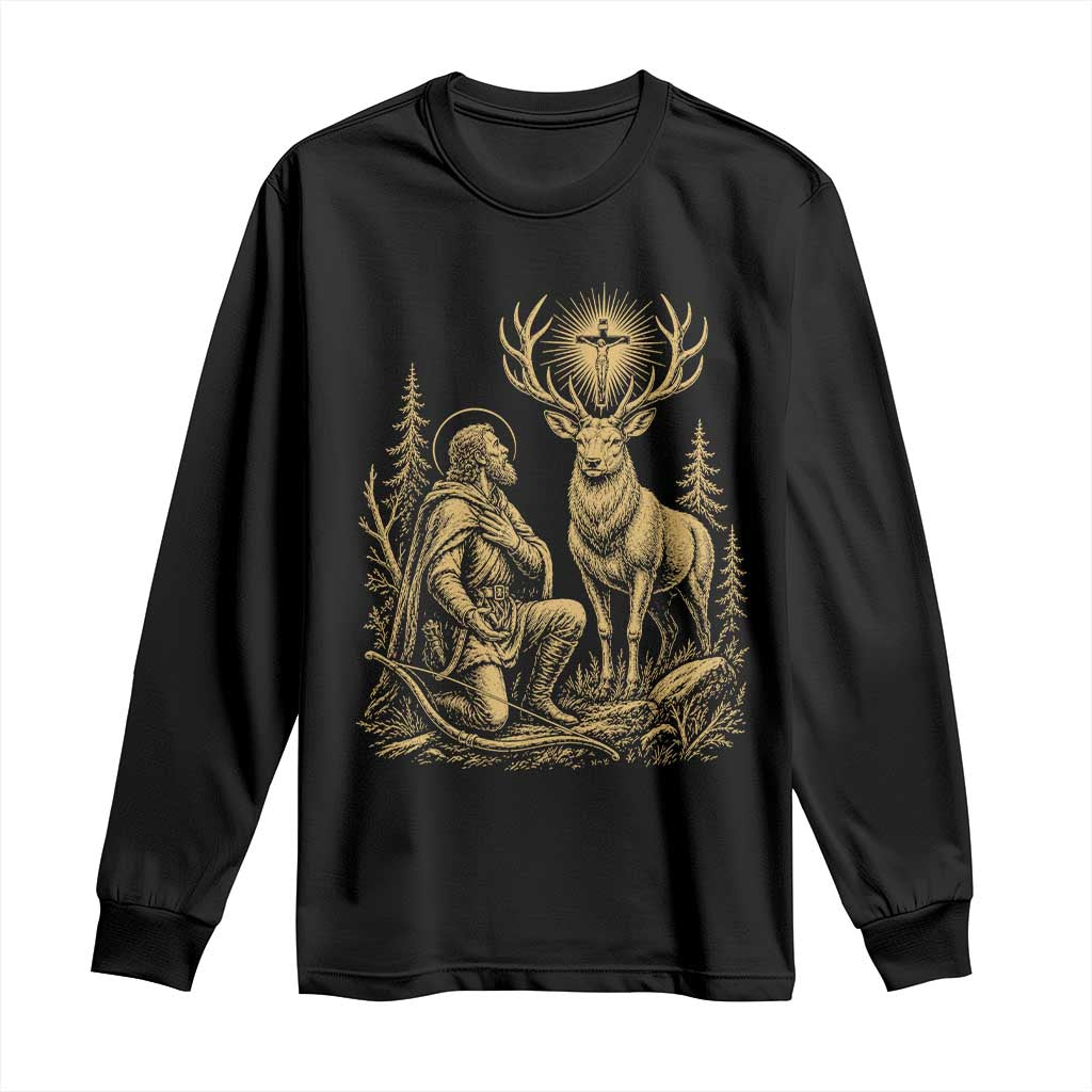 Saint Hubert Patron Saint of Hunters Vintage Woodcut Long Sleeve Shirt Catholic Faith and Hunting Heritage Gift