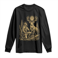 Saint Hubert Patron Saint of Hunters Vintage Woodcut Long Sleeve Shirt Catholic Faith and Hunting Heritage Gift