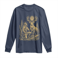 Saint Hubert Patron Saint of Hunters Vintage Woodcut Long Sleeve Shirt Catholic Faith and Hunting Heritage Gift