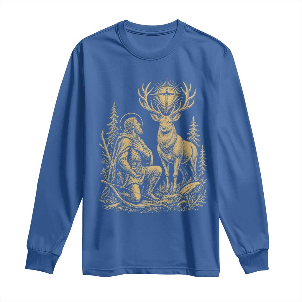 Saint Hubert Patron Saint of Hunters Vintage Woodcut Long Sleeve Shirt Catholic Faith and Hunting Heritage Gift