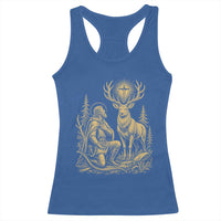 Saint Hubert Patron Saint of Hunters Vintage Woodcut Racerback Tank Top Catholic Faith and Hunting Heritage Gift