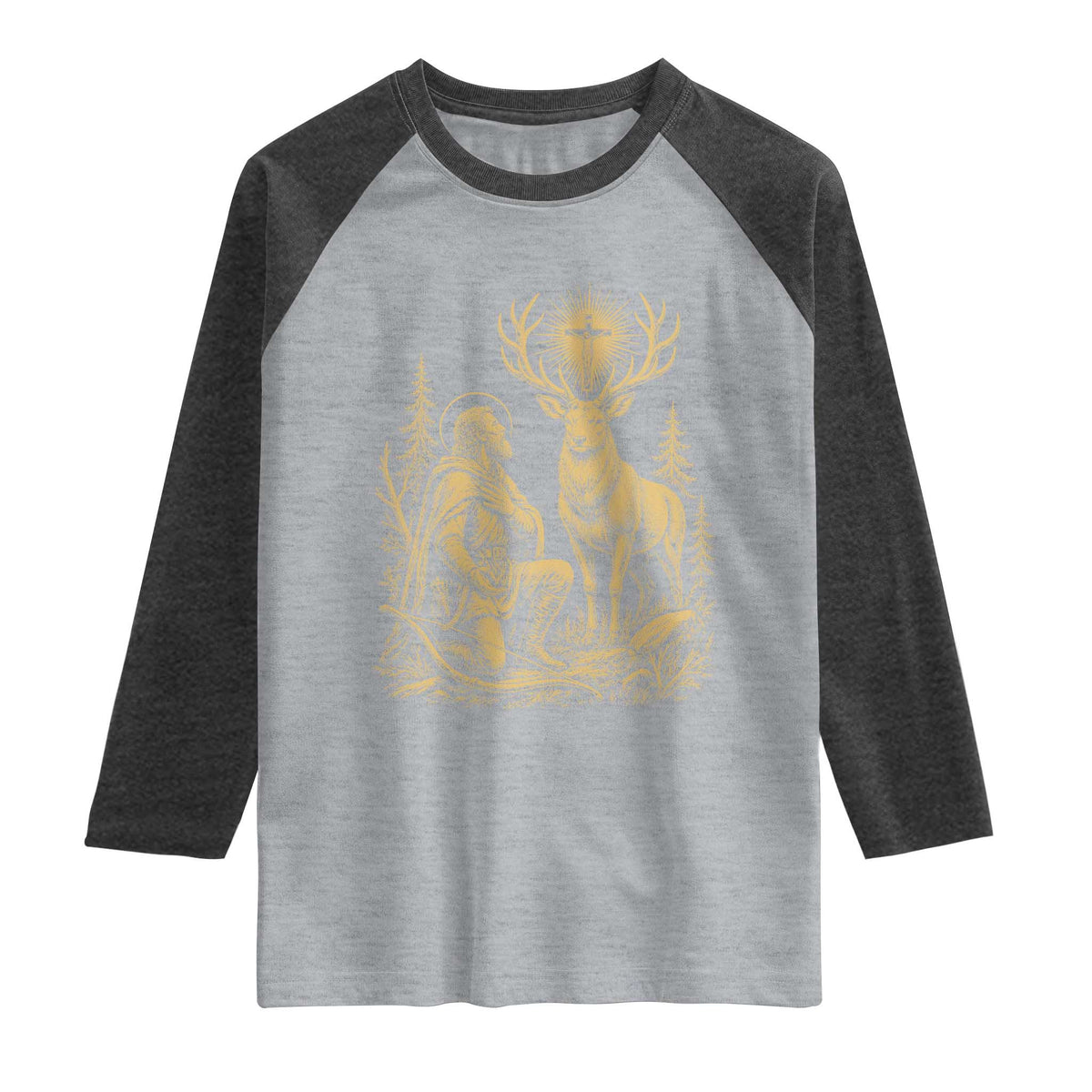Saint Hubert Patron Saint of Hunters Vintage Woodcut Raglan Shirt Catholic Faith and Hunting Heritage Gift