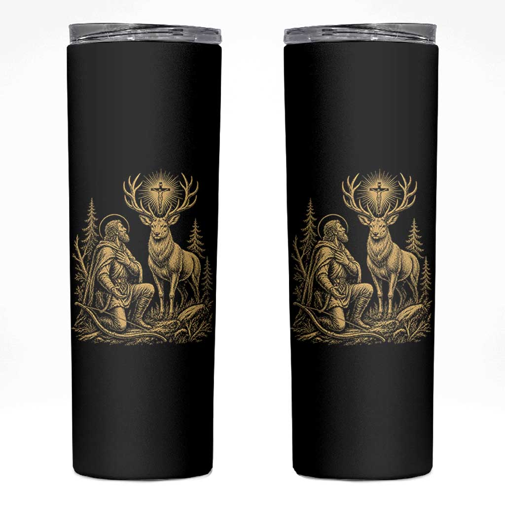 Saint Hubert Patron Saint of Hunters Vintage Woodcut Skinny Tumbler Catholic Faith and Hunting Heritage Gift