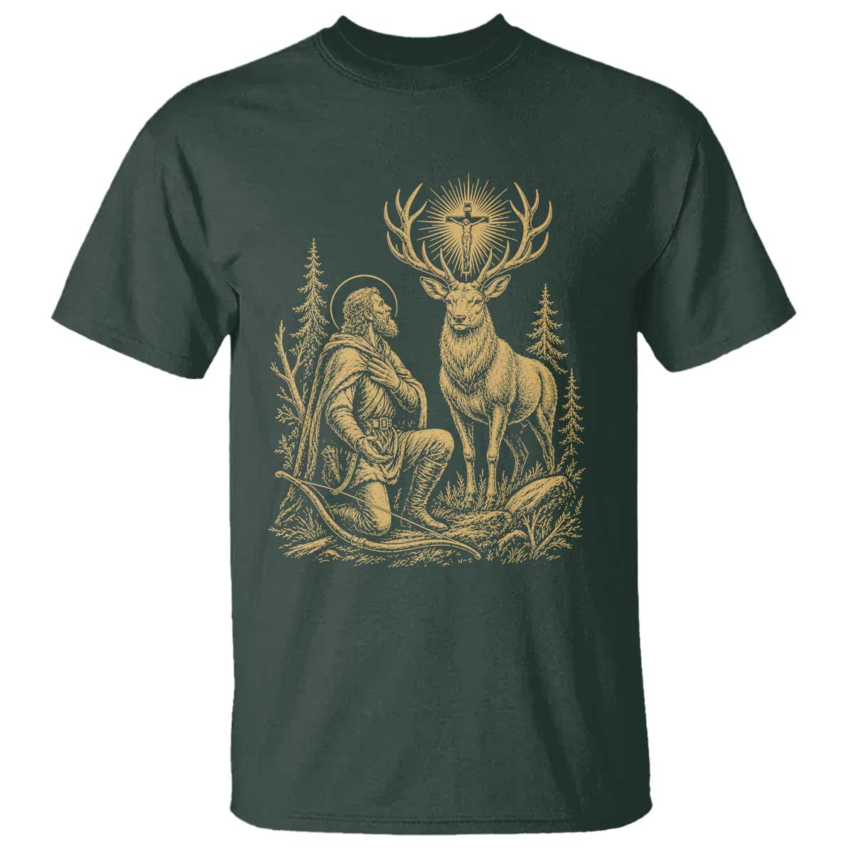 Saint Hubert Patron Saint of Hunters Vintage Woodcut T Shirt Catholic Faith and Hunting Heritage Gift