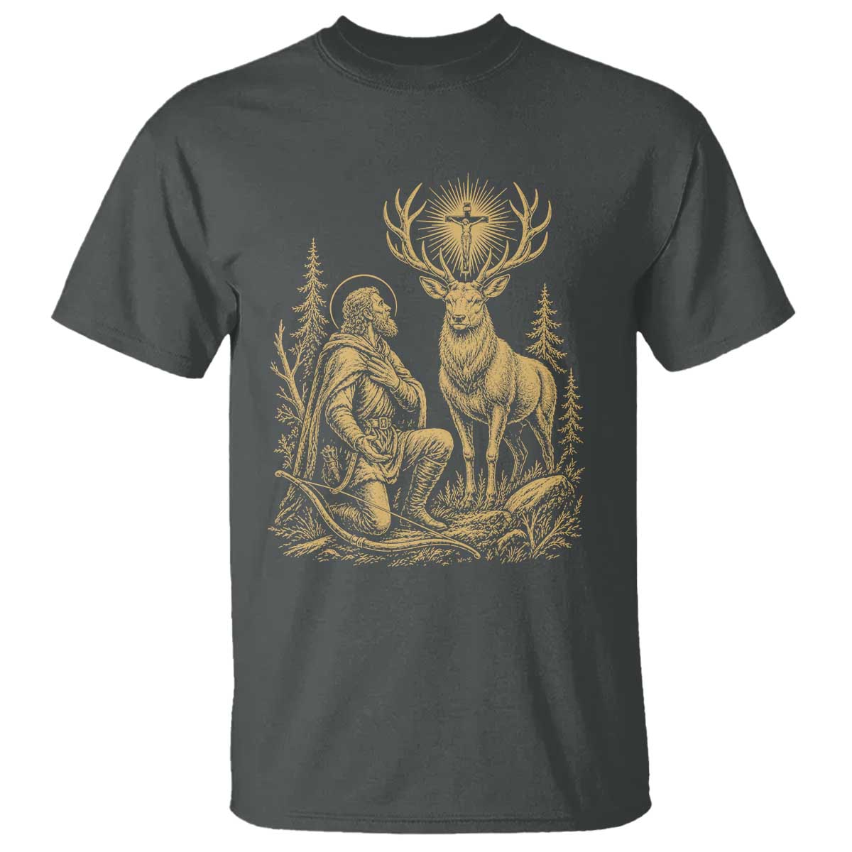 Saint Hubert Patron Saint of Hunters Vintage Woodcut T Shirt Catholic Faith and Hunting Heritage Gift