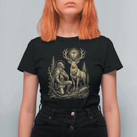 Saint Hubert Patron Saint of Hunters Vintage Woodcut T Shirt For Women Catholic Faith and Hunting Heritage Gift