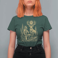 Saint Hubert Patron Saint of Hunters Vintage Woodcut T Shirt For Women Catholic Faith and Hunting Heritage Gift