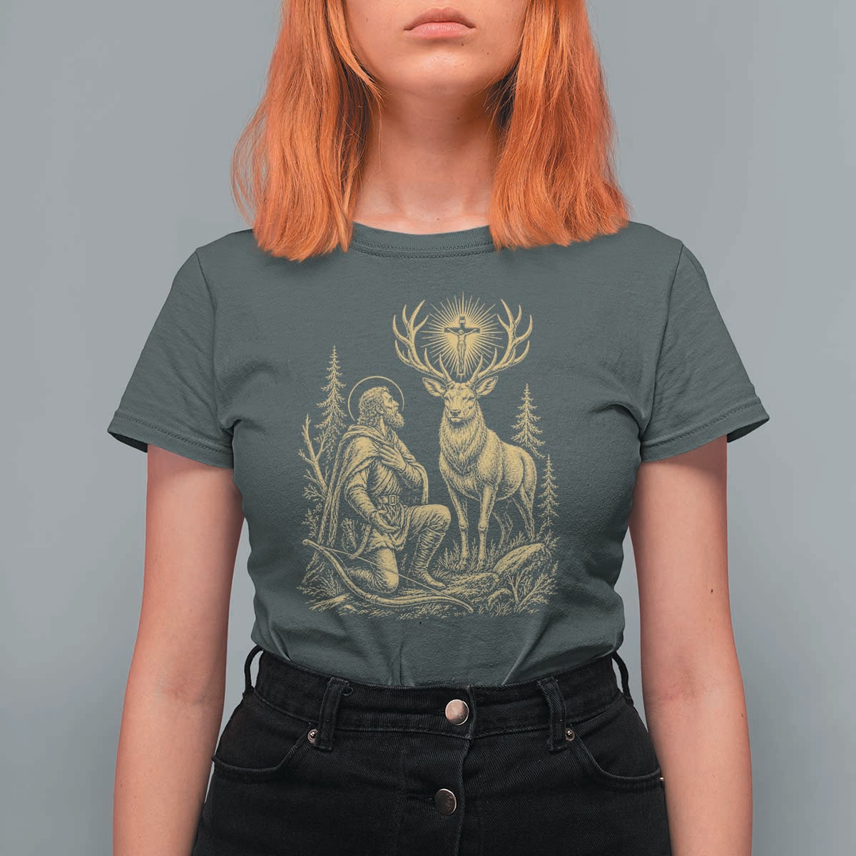 Saint Hubert Patron Saint of Hunters Vintage Woodcut T Shirt For Women Catholic Faith and Hunting Heritage Gift