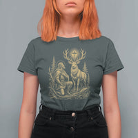 Saint Hubert Patron Saint of Hunters Vintage Woodcut T Shirt For Women Catholic Faith and Hunting Heritage Gift