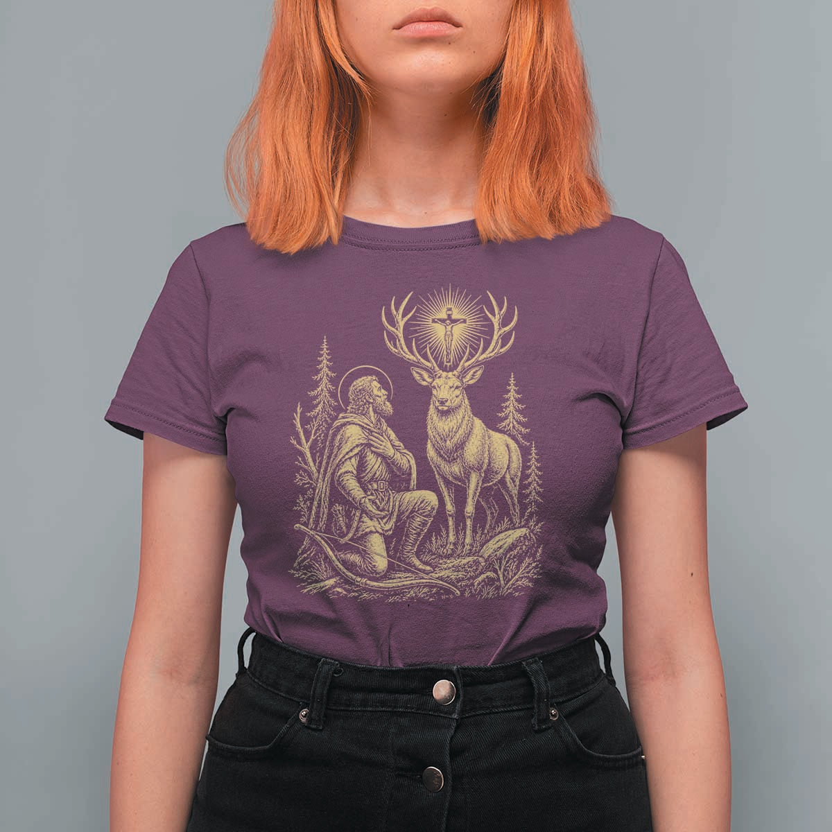 Saint Hubert Patron Saint of Hunters Vintage Woodcut T Shirt For Women Catholic Faith and Hunting Heritage Gift
